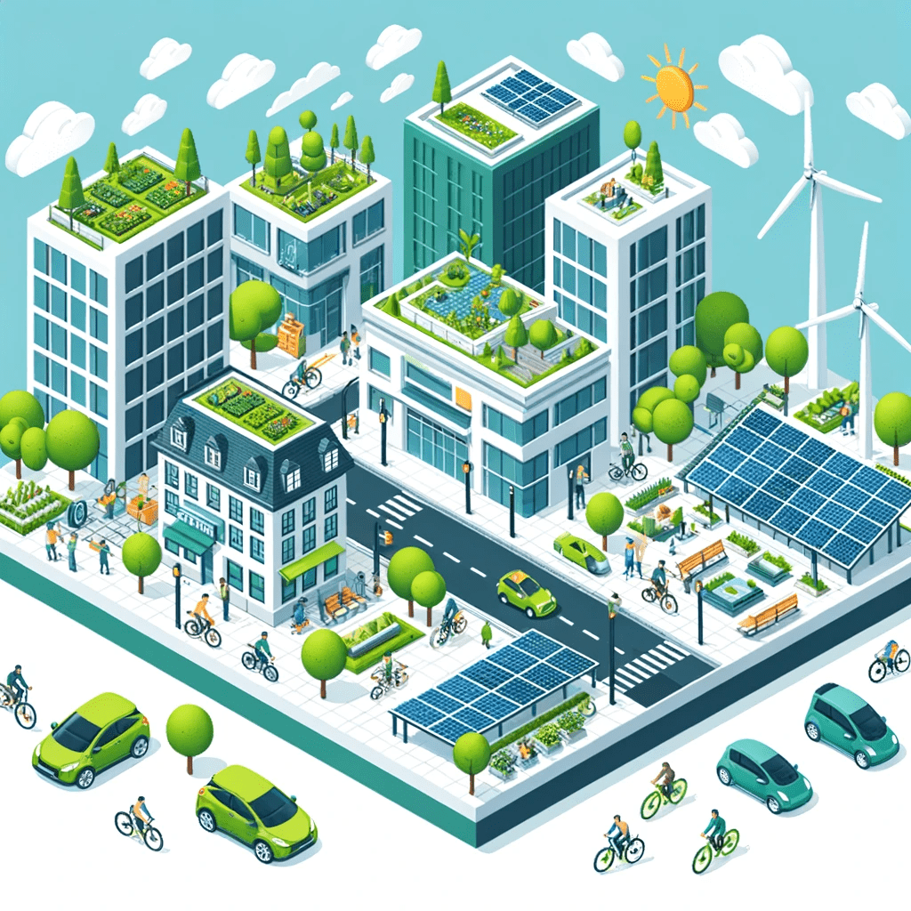 DALL·E-2023-11-27-13.29.13-Create-an-isometric-illustration-of-an-eco-friendly-cityscape.-The-scene-should-depict-various-forms-of-renewable-energy-sources-like-solar-panels-wi